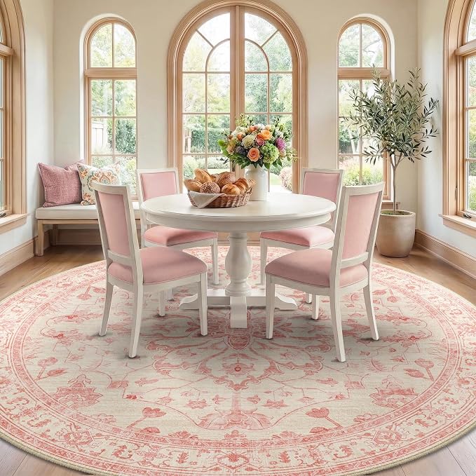 RELEANY Area Rugs Round 8ft Washable Non-Slip, Floral Vintage Distress - Image 2