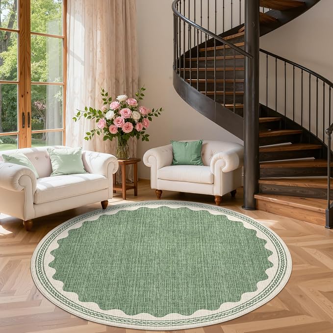 GarveeHome Scalloped Sage Green 5ft Round Rug Washable Non-Slip Soft Ultra-Thin - Image 3