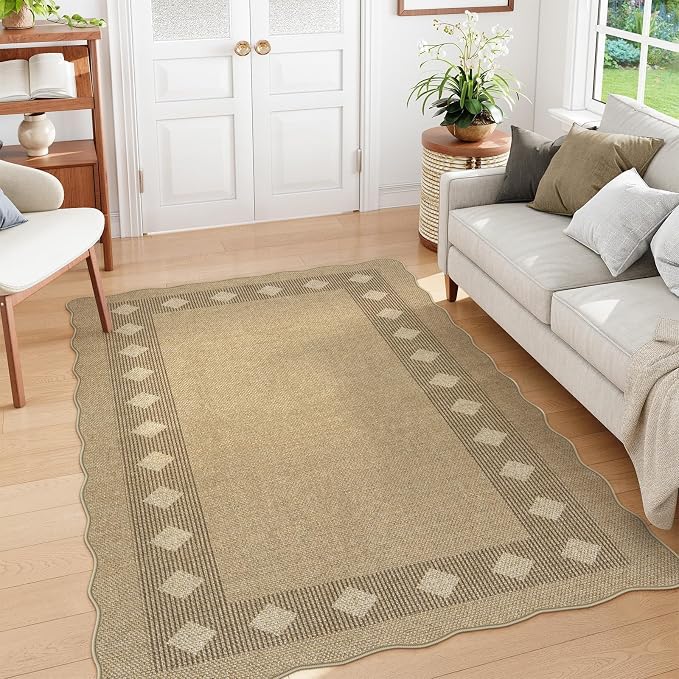 LIVEBOX Easy Jute Diamond Rug for Living Room, Scalloped Washable 5x7 Tan Rug - Image 9