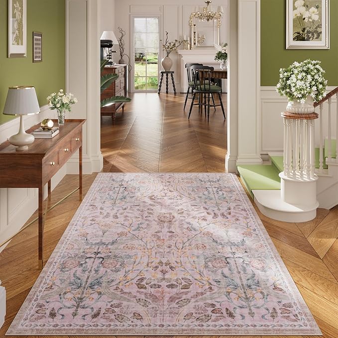 AMTOVO 5x7 Washable Area Rugs for Living Room, Vintage Boho Floral Distressed - Image 2