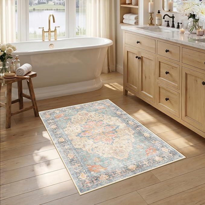 RELEANY Area Rugs Small 2'6"x4' Washable Non-Slip, Floral Vintage Distress by RELEANY