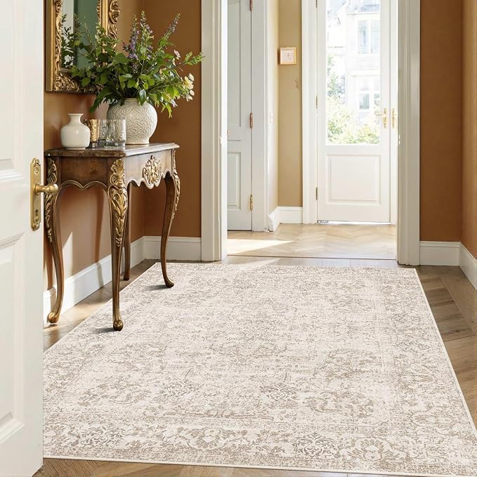 Rugxara Washable Area Rug for Living Room, Vintage Neutral Boho Rugs for Office - Image 3