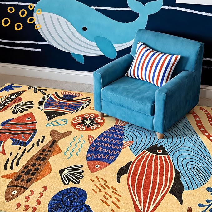 jinchan 5x7 Coastal Area Rug Kids Washable Fun Rug Colorful Ocean Fish Indoor - Image 6