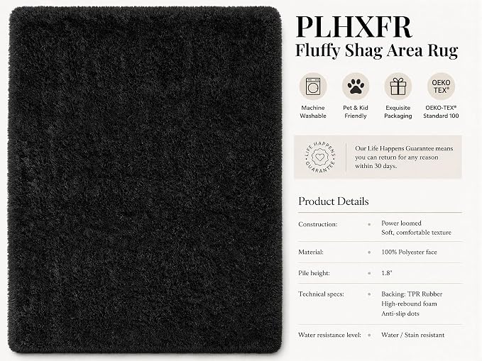 8x10 Area Rugs for Living Room Bedroom: Soft Fluffy Black Shag Upgrade Non-Slip - Image 4