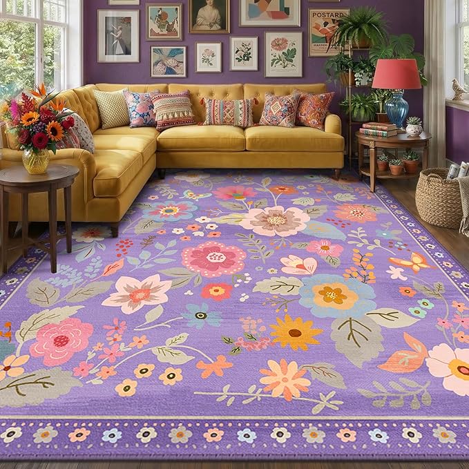 RELEANY Floral 7x9 Area Rugs Washable Print Boho Cute Carpet Non Slip Flower - Image 3