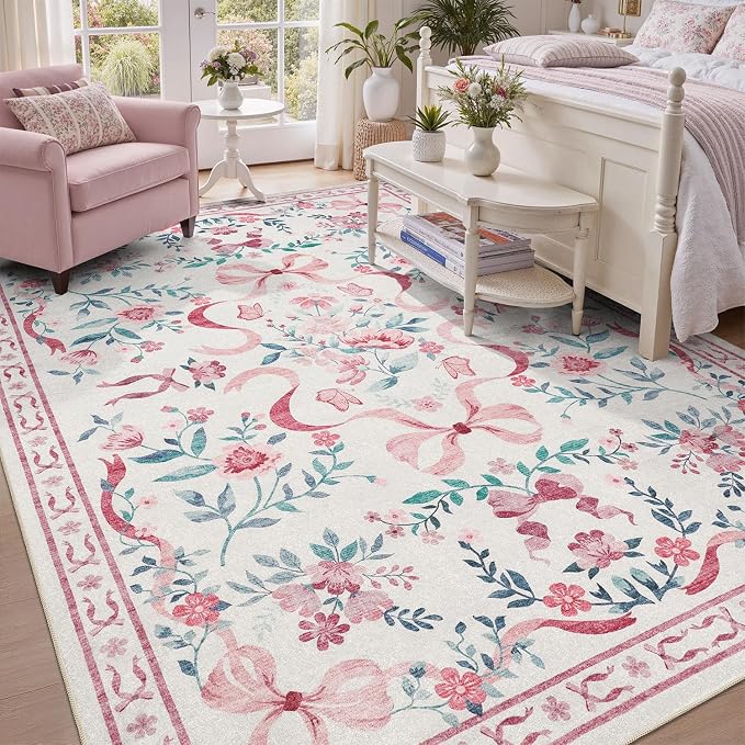 DCX Washable 8x10 Bow Rug, Cute Soft Low Pile Indoor Décor Carpet, Kid & Pet - Image 2