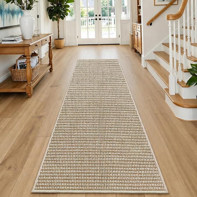 Faux Jute Hallway Runner Rug 2'x8', Washable & Non-Slip, Taupe & White | 0.27" - Image 6