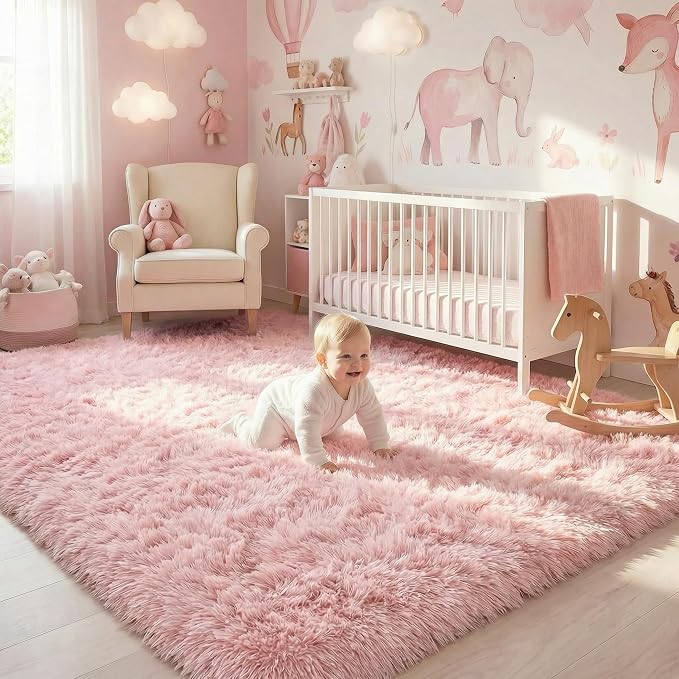 Amdrebio Pink Area Rug 6x9 for Girls Bedroom, Large Shag Fluffy Rugs for Living - Image 7