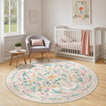 Round Boho Nursery Rug 8ft Pink Floral – Soft Washable Circle Rug by Dadasgk