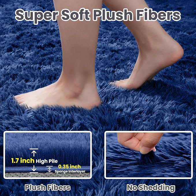 2x6 Bedside Area Rugs for Bedroom: Soft Fluffy Shag Blue Rug for Hallway - Image 4