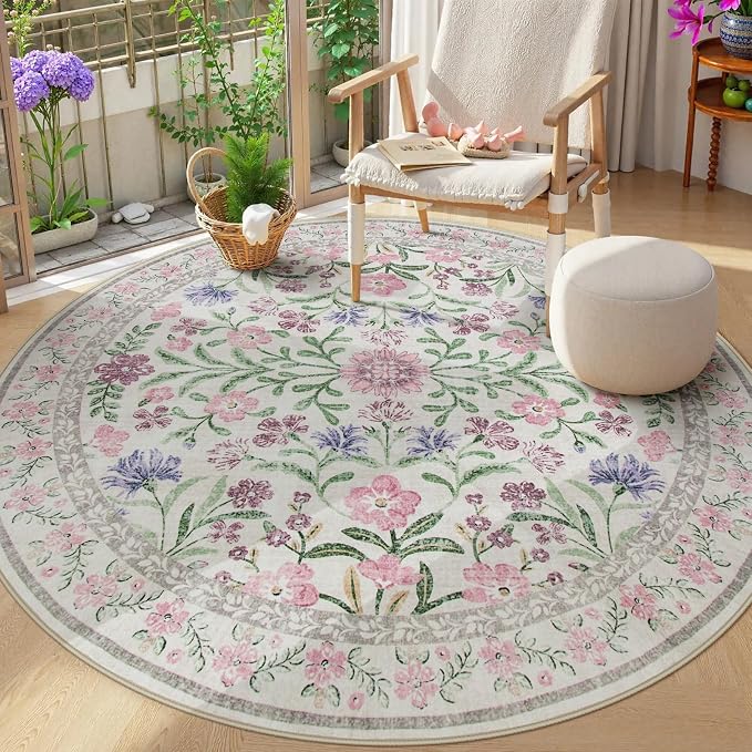 Wonnitar Floral Washable Round Rugs 6ft, Ultra-Thin Non Slip Boho Carpet by Wonnitar