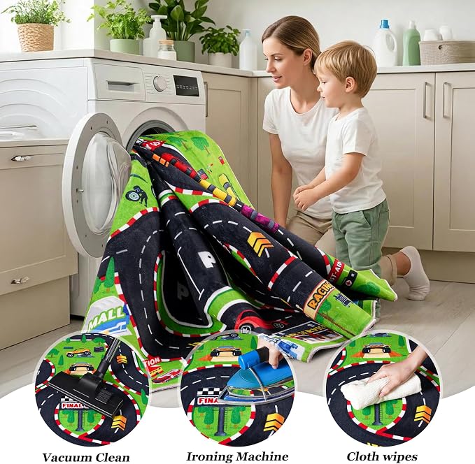Kids Play Rug 4x5 Ft, Non-Slip Race Track Car Rug Play Mat, Washable Soft Road - Image 8