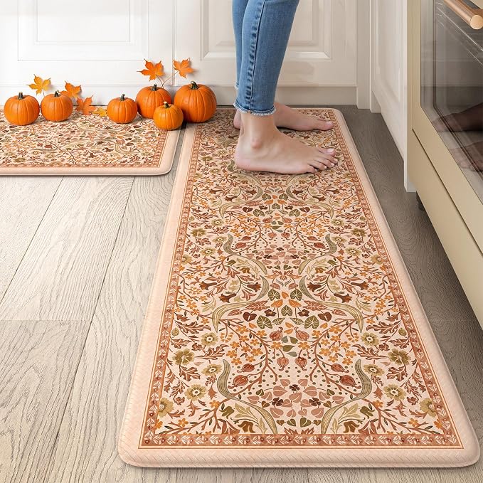 Collive Fall Orange Floral Kitchen Mats, Cushioned Anti Fatigue Kitchen Rug Set by Collive