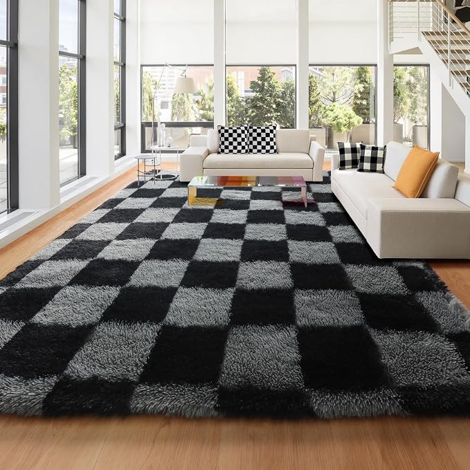KICMOR 8x10 Area Rugs for Living Room, Large Fluffy Soft Black and Grey by KICMOR