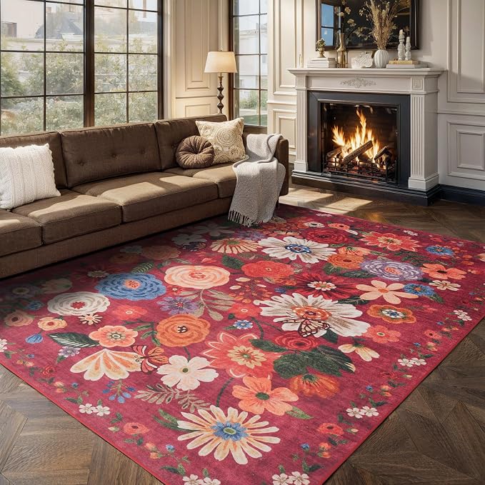 Area Rugs 9x12 Living Room Washable Rug Non Slip Floral Low Pile Large Rug - Image 6