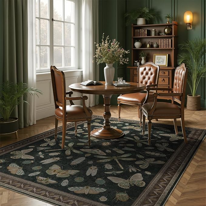DCX 6x9 Washable Insect Rug, Vintage Gothic Black Rug - Image 4