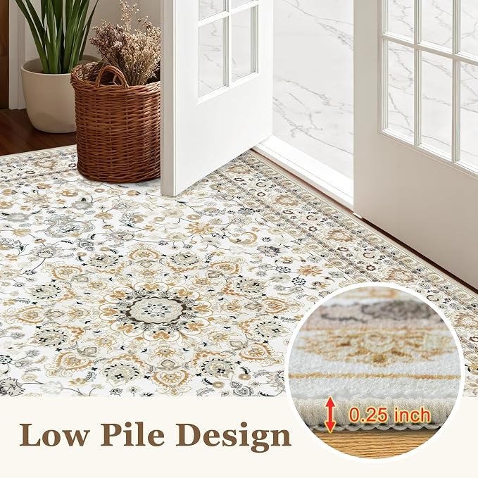 Round Area Rug for Living Room: 4 ft Washable Vintage Boho Soft Thin Circle Rug - Image 8