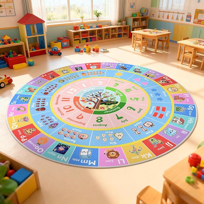 ABC Kids Rug for Playroom, 4ft Round Alphabet Small Classroom Rug, Non-Slip - Image 8
