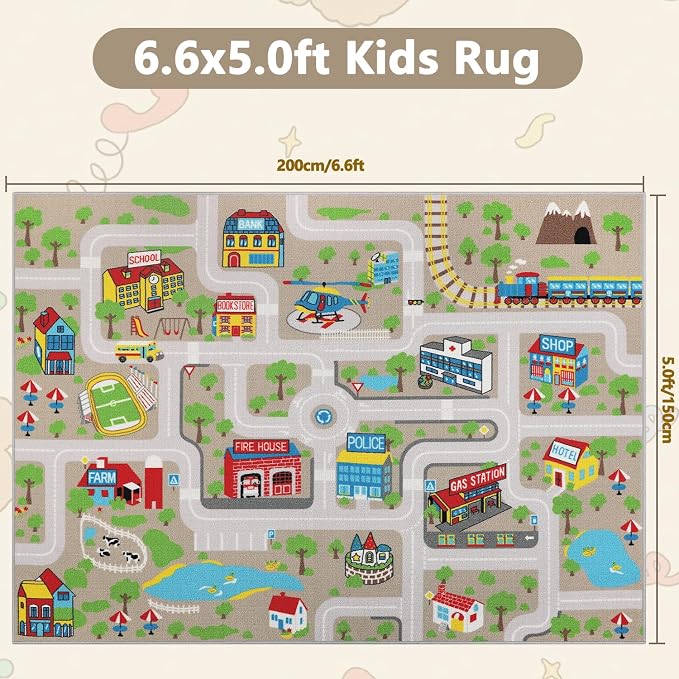Capslpad Kids Rug Educational Play Rug 6.6' x 5' Traffic Road Kids Play Car Mat - Image 2