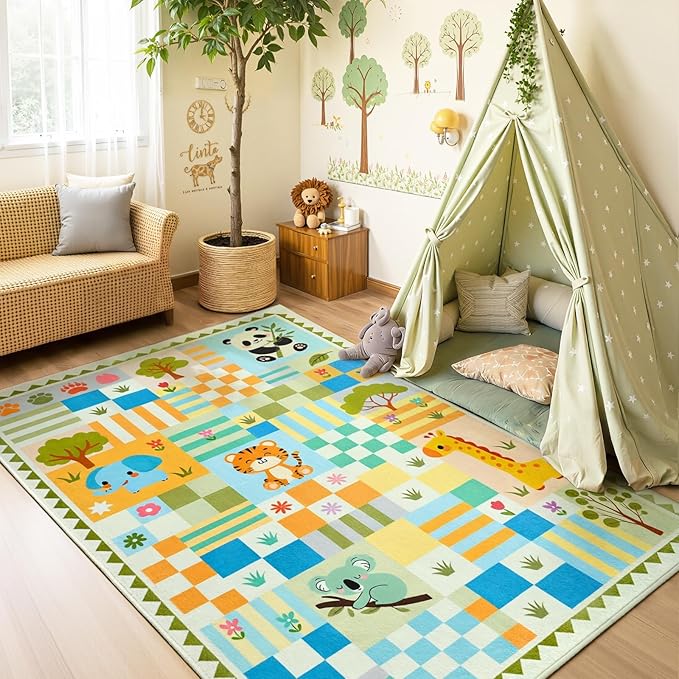 4x6 Washable Kid Playroom Rug, Unisex Green Safari Jungle Woodland Animal by Snoffic