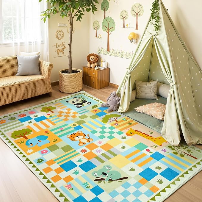5x7 Washable Kid Playroom Rug, Unisex Green Safari Jungle Woodland Animal by Snoffic