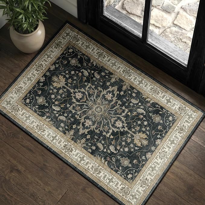 RELEANY Area Rugs Small 2'x3' Washable Non-Slip, Floral Vintage Distress by RELEANY