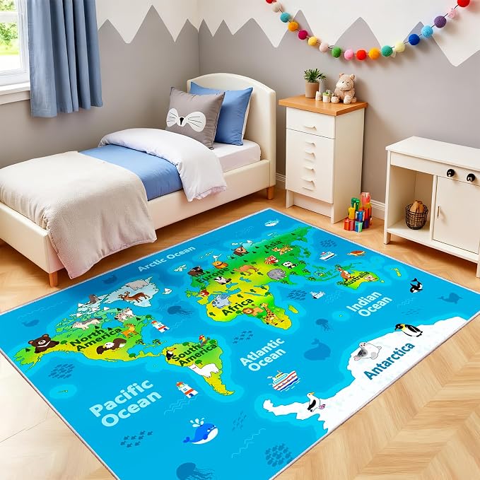 Kids Playroom Rug, 8x10ft World Map Play Mat - Image 8