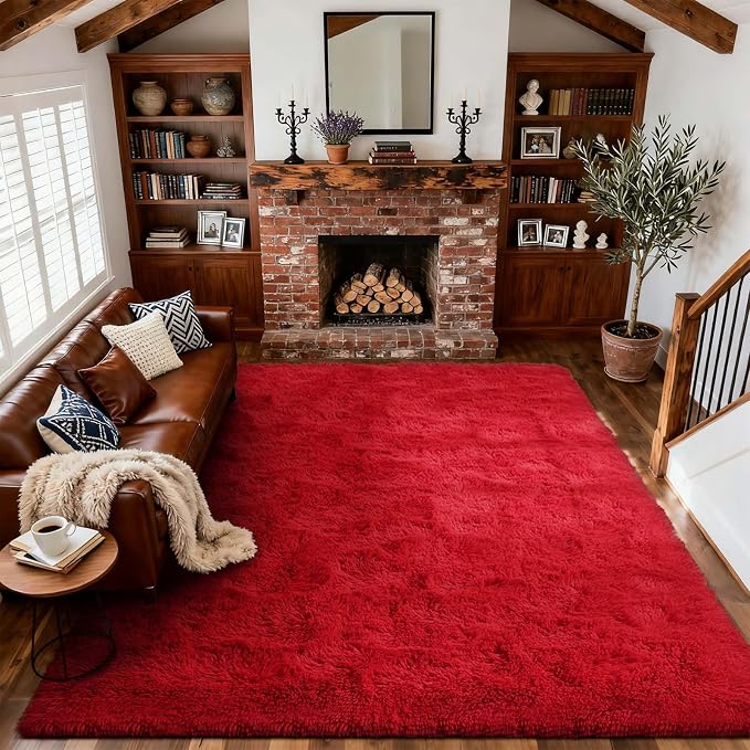 6x9 Ft Red Shag Rugs for Living Room Decor, Ultra Soft Fluffy Furry Area Rugs by Cuzwlovita