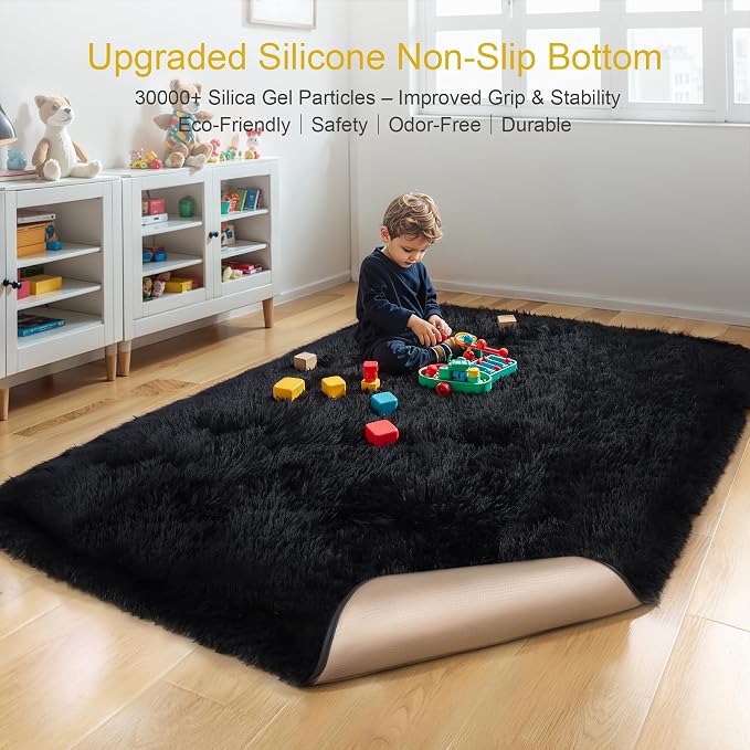 KICHOWUA Thick Area Rug Black Fluffy Shag 3x5 - Image 4