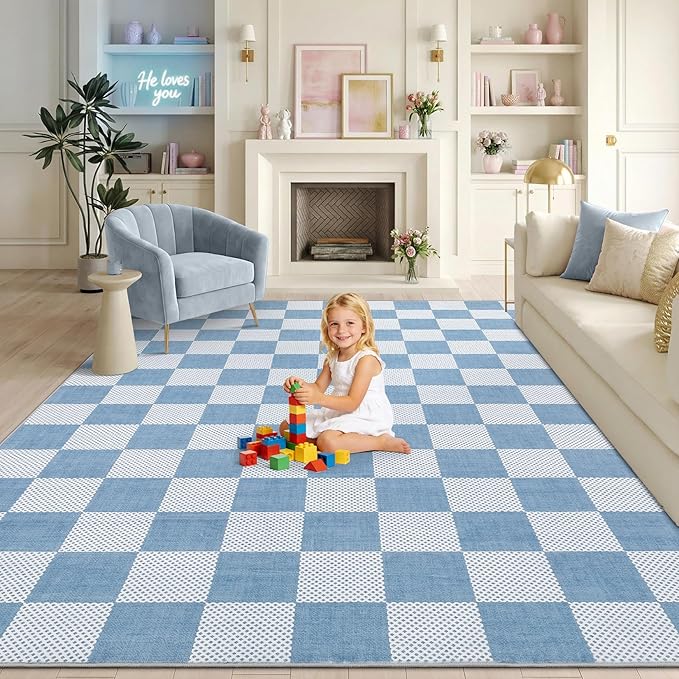 GarveeHome Checkered Light Blue and White 4x6 Washable Rug Geometric Diamond - Image 4