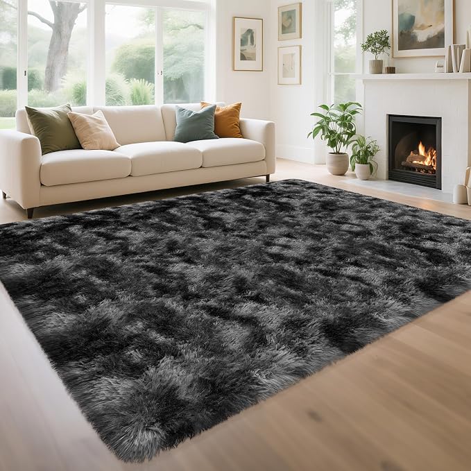 Soft Shaggy Rugs for Bedroom Living Room, 6x9 Tie-Dyed Dark Grey and Black Rug by TENNOLA