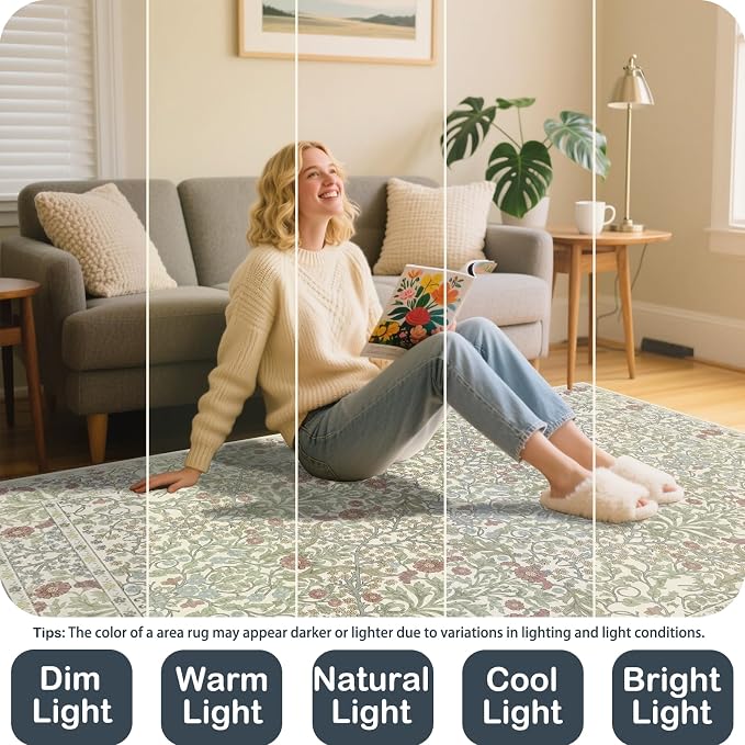 Vintage Light Green Living Room Rug, 8x10 Washable Area Rugs - Image 5