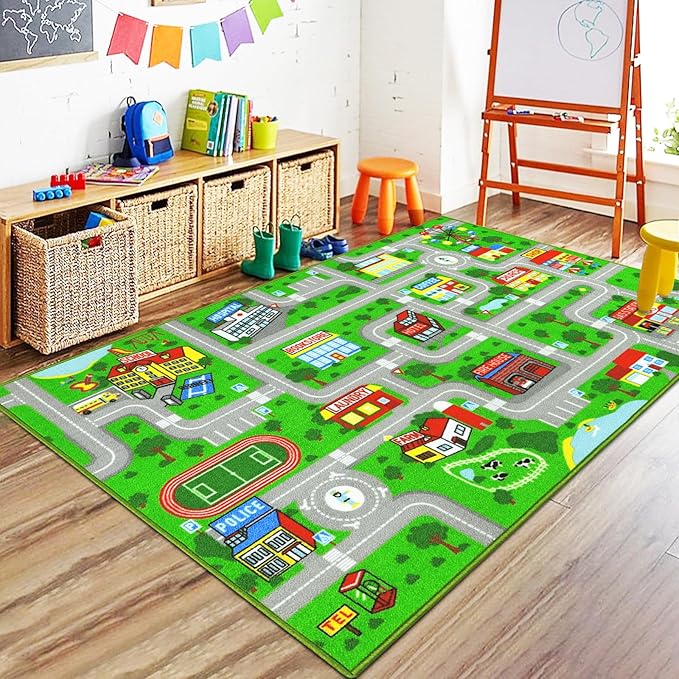 Capslpad Green Car Road Kid Rug Carpet Playmat by CapslpadDirect