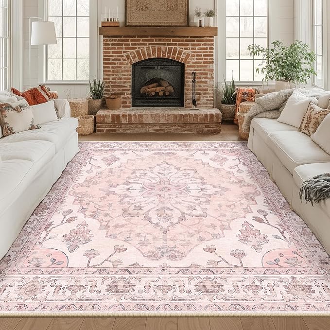 RELEANY Area Rugs Square 8ft Washable Non-Slip, Floral Vintage Distress by RELEANY