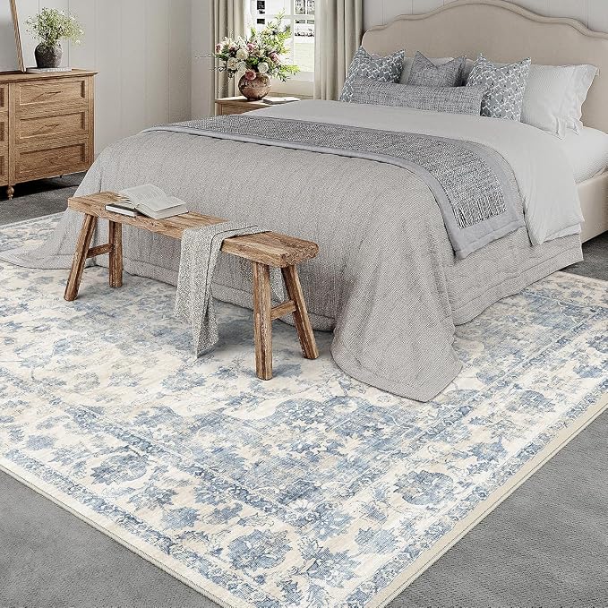 12x15 Neutral Area Rug Blue Vintage Living Room Bedroom Washable Carpet - Image 2