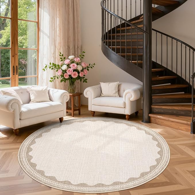 GarveeHome Scalloped Beige 5ft Round Rug Washable Non-Slip Soft Ultra-Thin - Image 3