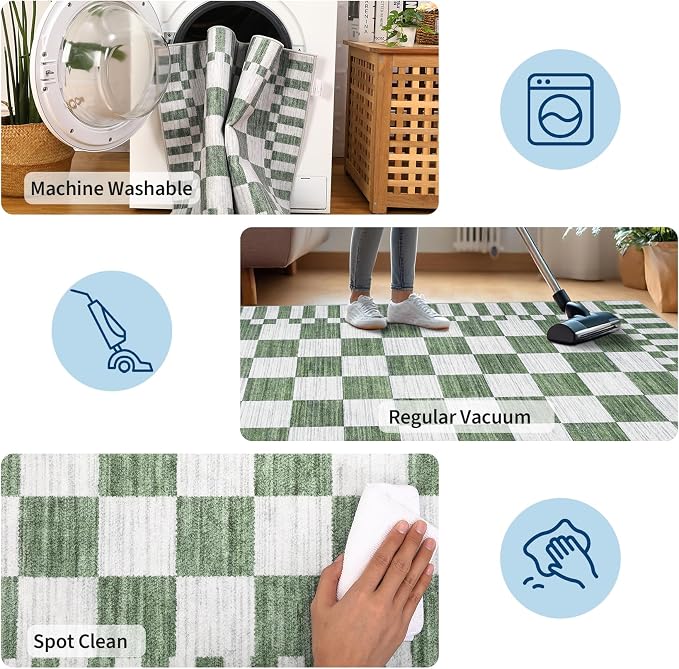 GarveeHome Sage Green Checkered Rug, Washable 3x5 Rug Non Slip - Image 7