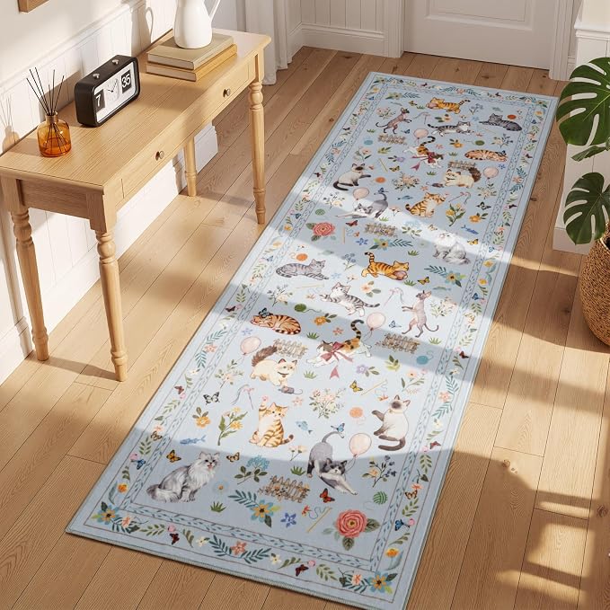 Unirea 2.6x8 Blue Grey Cat Runner Rug, Washable Non Slip Botanical Rug - Image 8