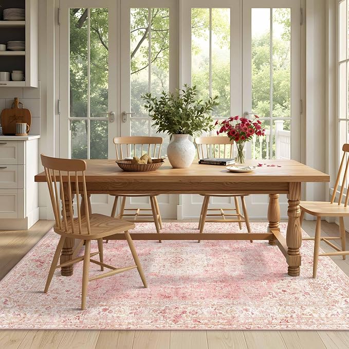 Latte&Fog Washable Pink Rug, Vintage 5x7 Area Rugs - Image 5
