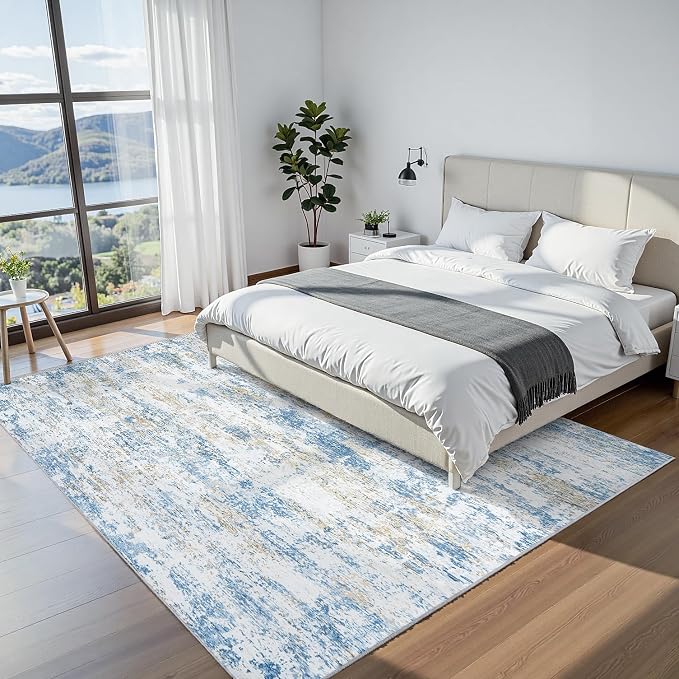 Area Rug 9x12 Living Room Rug Washable: No-Slip Abstract Soft Thin Large Blue - Image 4