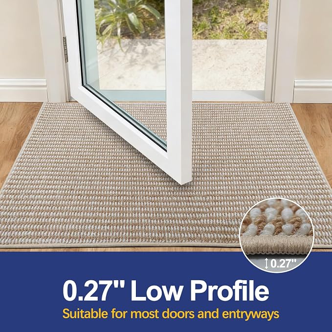 Dirt Trapping Door Mat 20x32, Taupe & White Faux Jute Entryway Rug | Low-Profile - Image 4