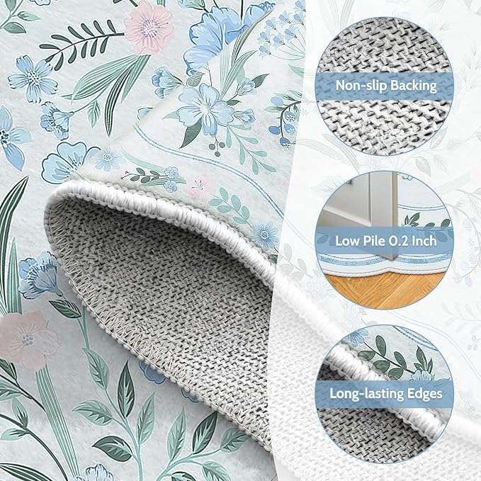 Blue Floral Rug 4x6 for Girls Bedroom or Nursery, Scalloped Washable Non-Slip - Image 6