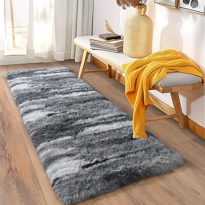 Soft Runner Rugs for Bedroom Hallways, 2x6 Abstract Grey Fluffy Shag Throw Area - Image 3