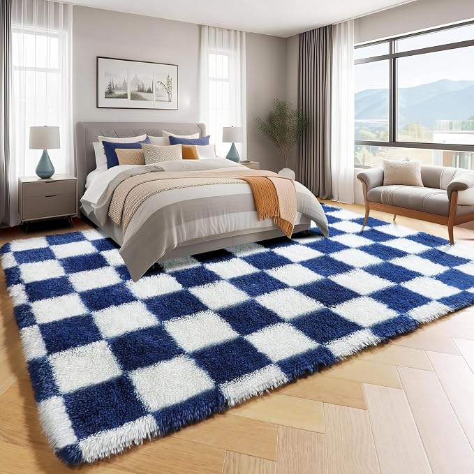 KICMOR Rugs for Living Room, Soft Fluffy Checkered Shag 5x8 Area Rug Large Big - Image 3