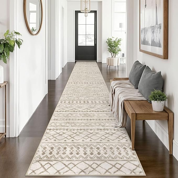 KUTA Boho Runners for Hallways 2.6x14 ft Moroccan Beige Washable Long Hall by KUTA