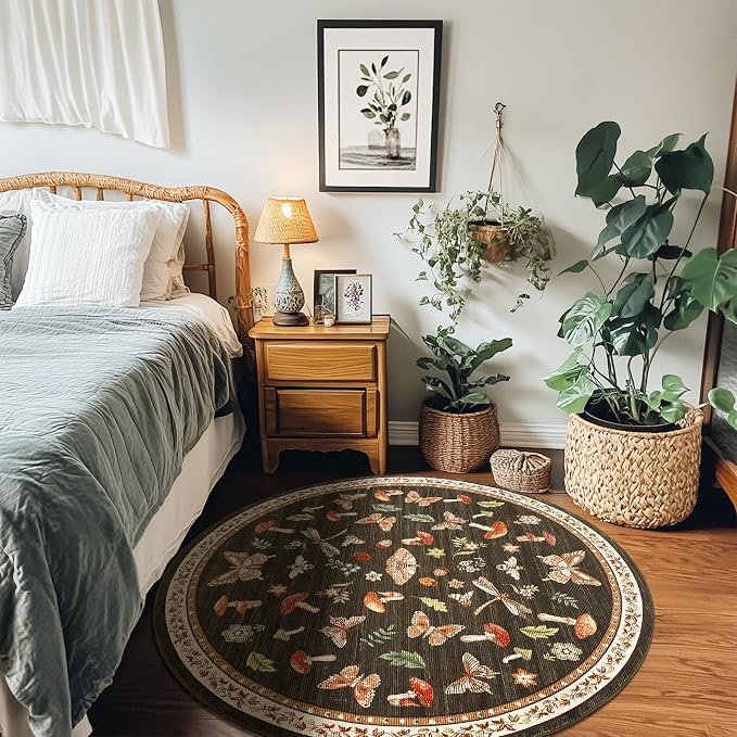 Mushroom Insect 8ft Round Rug Washable Non-Slip Soft Ultra-Thin Large Boho - Image 3