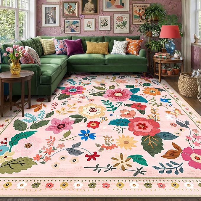 RELEANY Floral 7x9 Area Rugs Washable Print Boho Cute Carpet Non Slip Flower - Image 3