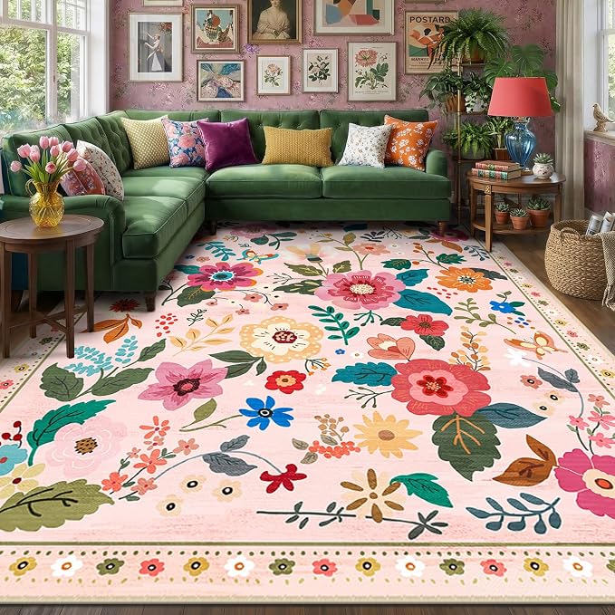 RELEANY Floral 8x10 Area Rugs Washable Print Boho Cute Carpet Non Slip Flower by RELEANY