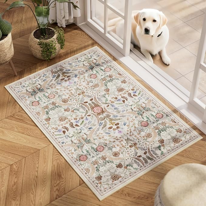 AMTOVO 2x3 Washable Entryway Area Rug Door Mat, Vintage Boho Floral Distressed - Image 2