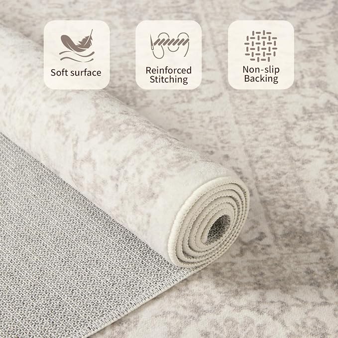 Rugxara Washable Area Rug for Living Room, Vintage Neutral Boho Rugs for Office - Image 4